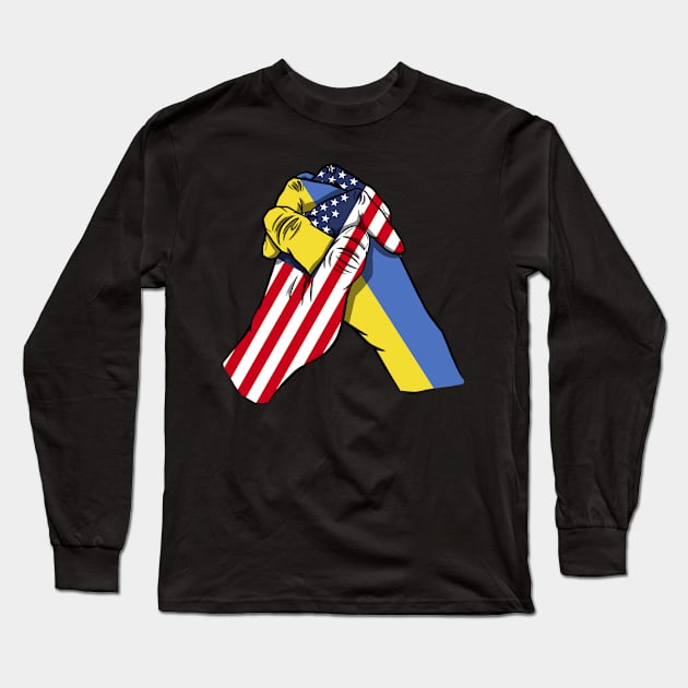 USA and Ukraine flags holding hands Ukraine America Roots Long Sleeve T-Shirt by BramCrye